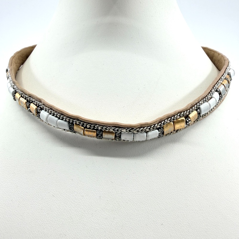 Vintage Boho Mixed Media Choker Leather White Bead Rhinestone Chain‎ Necklace